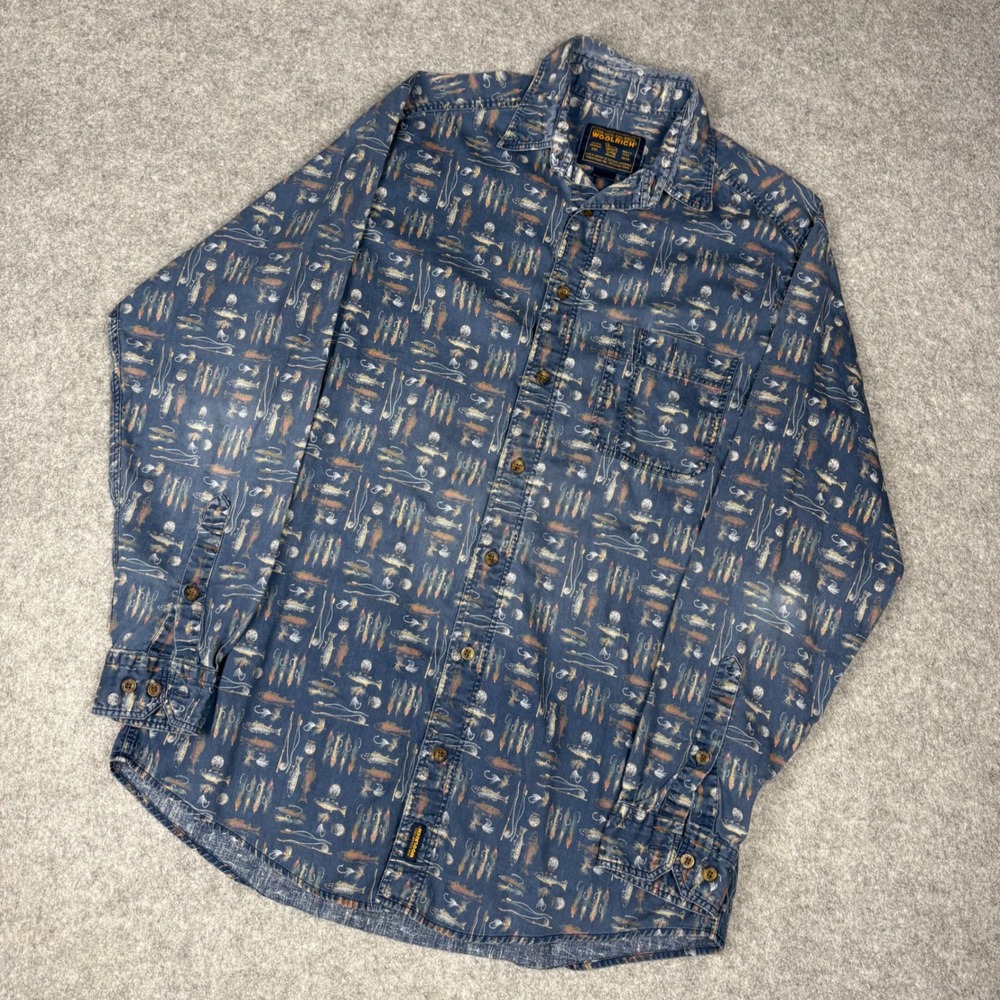 Woolrich Mens Fly Fishing Lure Trout Print Button Down Shirt Blue Long Sleeve L